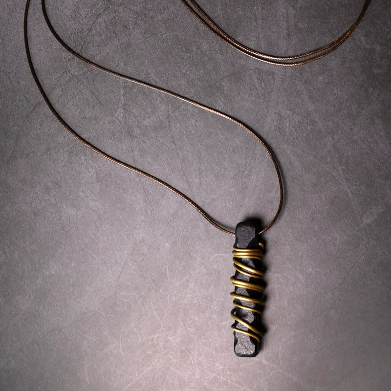Vintage Handcrafted Brass-Inlaid Ebony Pendant