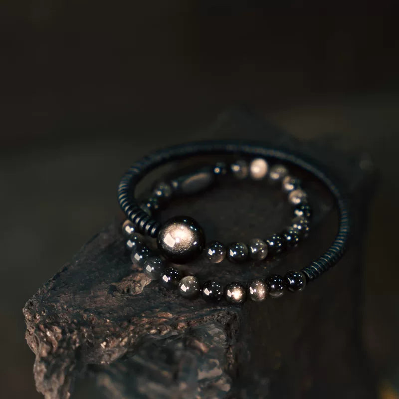 Original Double-Circle Silver Obsidian Wooden Bracelet