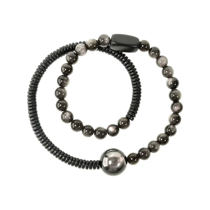 Original Double-Circle Silver Obsidian Wooden Bracelet