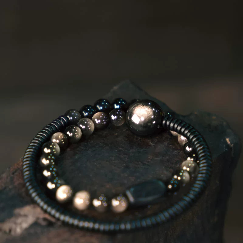 Original Double-Circle Silver Obsidian Wooden Bracelet