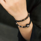 Original Double-Circle Silver Obsidian Wooden Bracelet